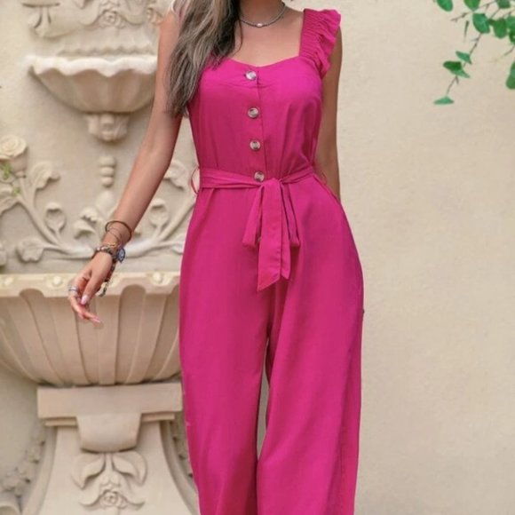 Ruffle Trim Belted Wide Leg Jumpsuit PINK - Picture 2 of 6